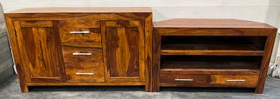 * A pair of Havana Sheesham wood furniture pieces comprising a sideboard and corner media unit. T 