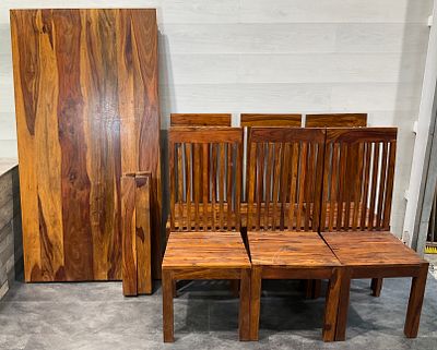 * A Contemporary Solid Sheesham Wood Dining Table and a Set of Matching Dining Chairs. A 