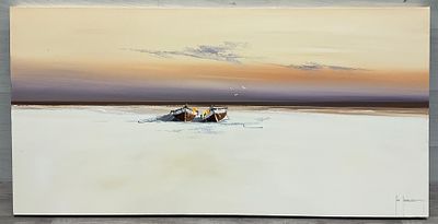 * John Horsewell, Coastal Landscape with Fishing Boats, Oil on Canvas. This original oil 