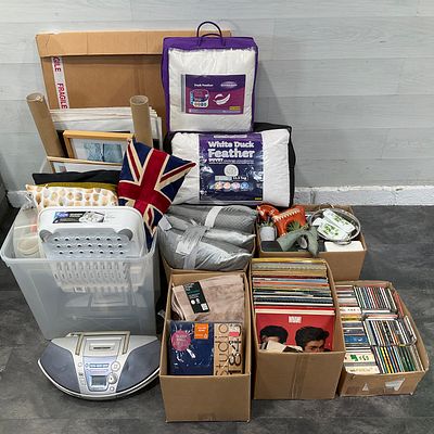 * A Large Mixed Assortment of Household Goods, Home Textiles, Media, and Decorative Items 