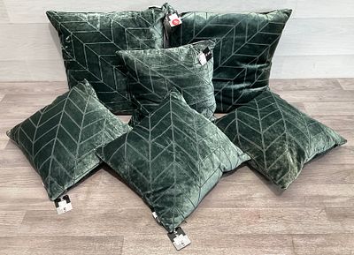 * A Set of Six Malini Hoxley Pattern Pine Green Velvet Scatter Cushions. A carton containing a 
