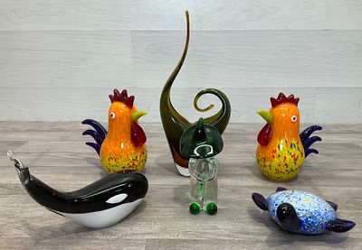 * A Carton Containing a Collection of Hand Blown Art Glass Figurines and Sculptures including Murano