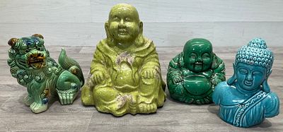* A carton containing an assortment of crackle-glazed ceramic Oriental figures. A carton 