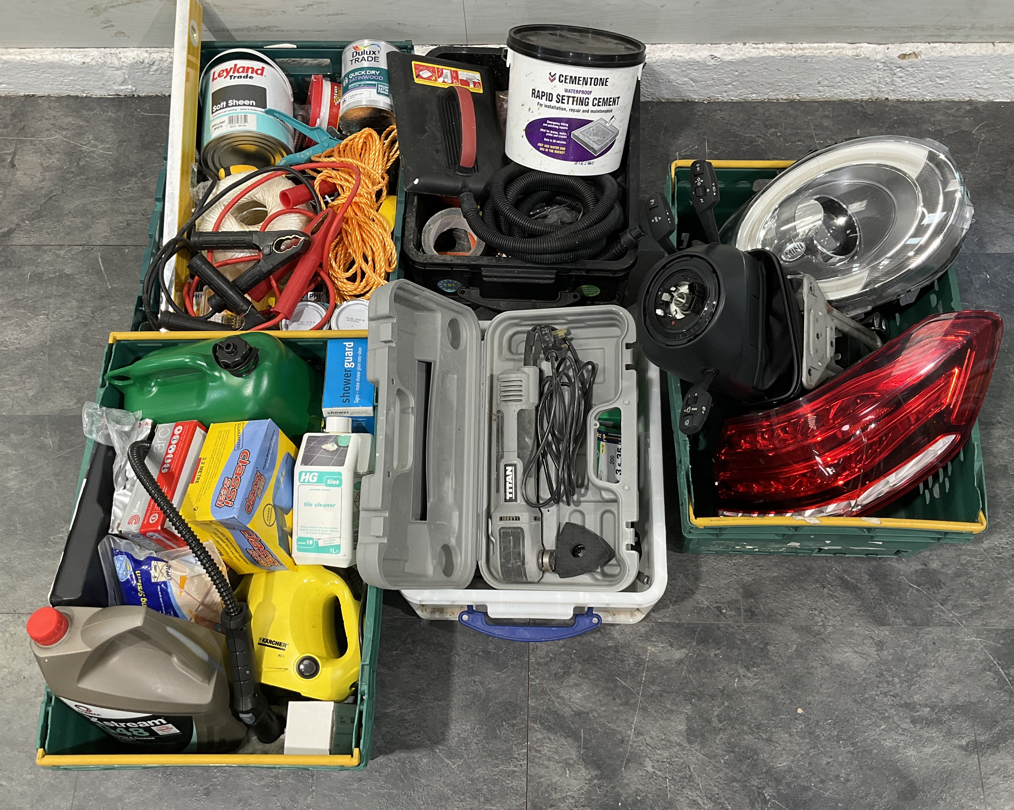 * 5 crates containing an assortment of automotive parts, power tools, building materials, and maintenance supplies