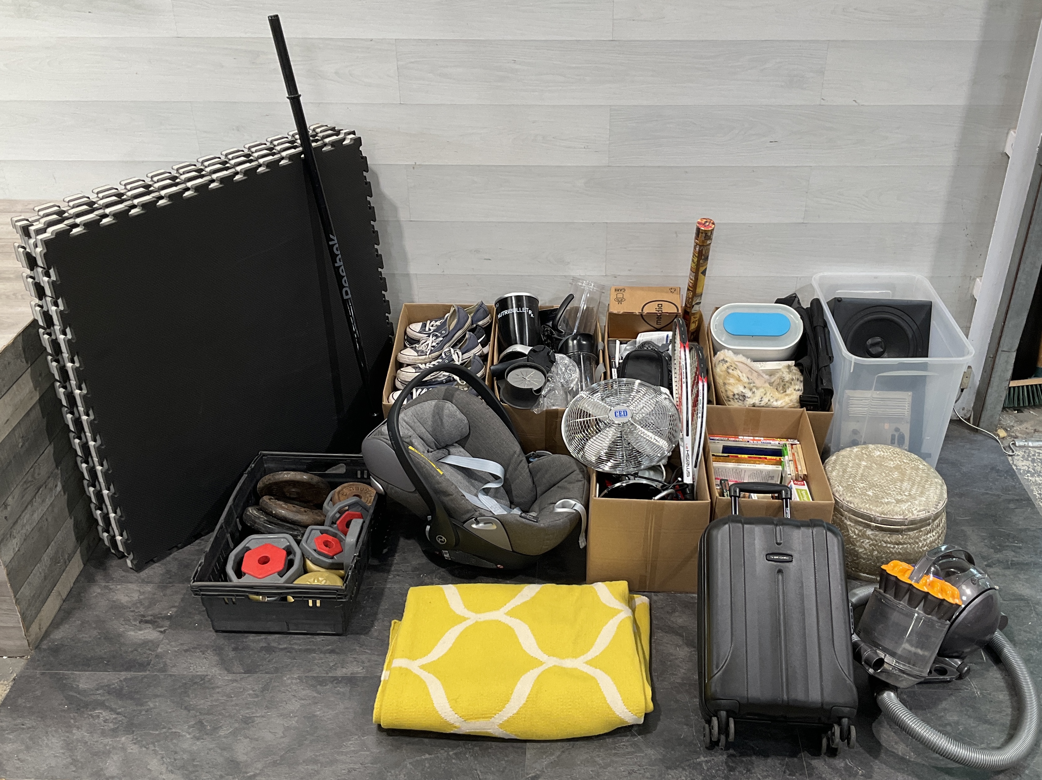 * An Assortment of Household Goods, Fitness Equipment, and Electronics including six cartons and two crates