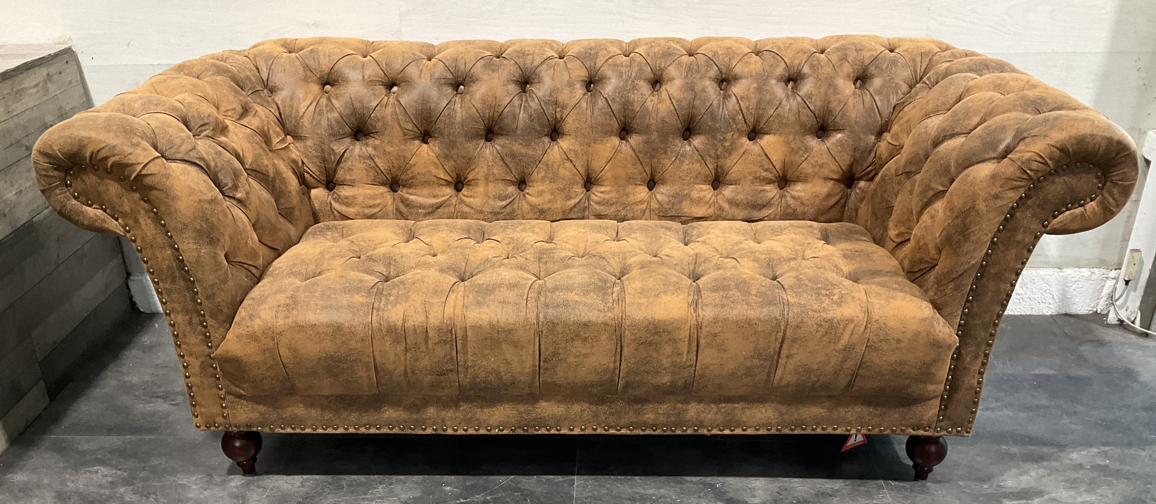 * Distressed Tan Faux-Suede Chesterfield Sofa
