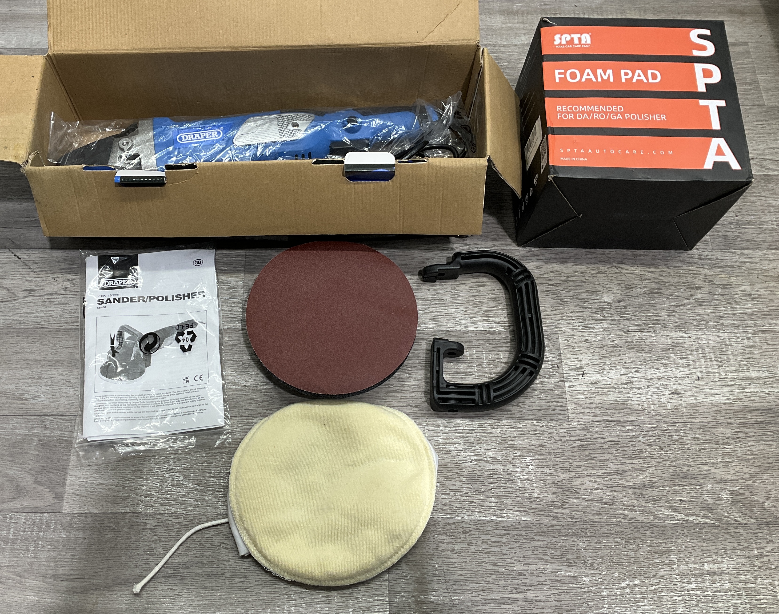 Draper 1200W 180mm Sander and Polisher with a Set of SPTA Foam Polishing Pads