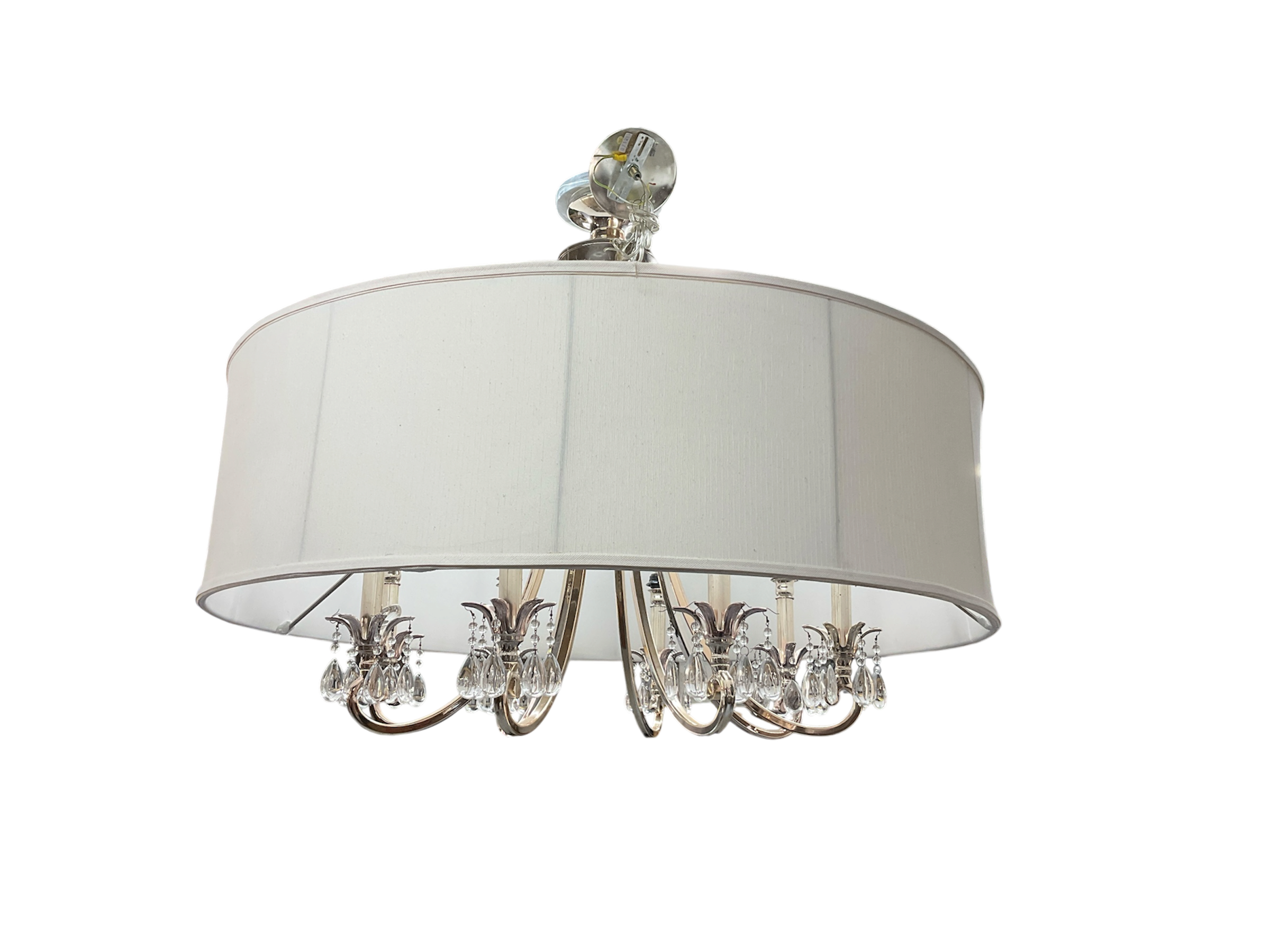 Large Eight-Light Polished Silver-Tone Chandelier with Cream Fabric Drum Shade and Crystal Droplets