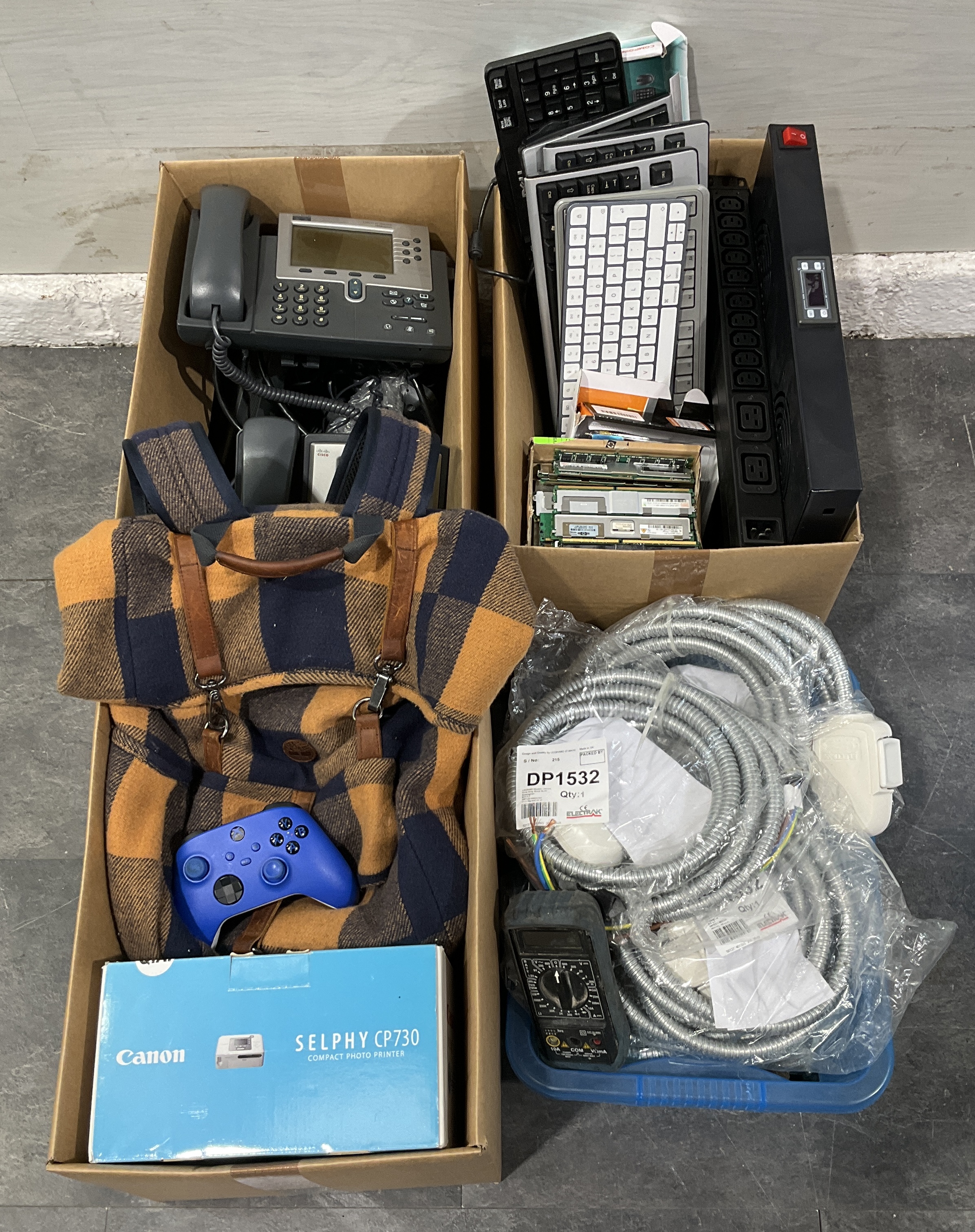 * 3 Cartons and a Crate Containing An Assortment of Office Electronics, Computer Hardware, and Industrial Components