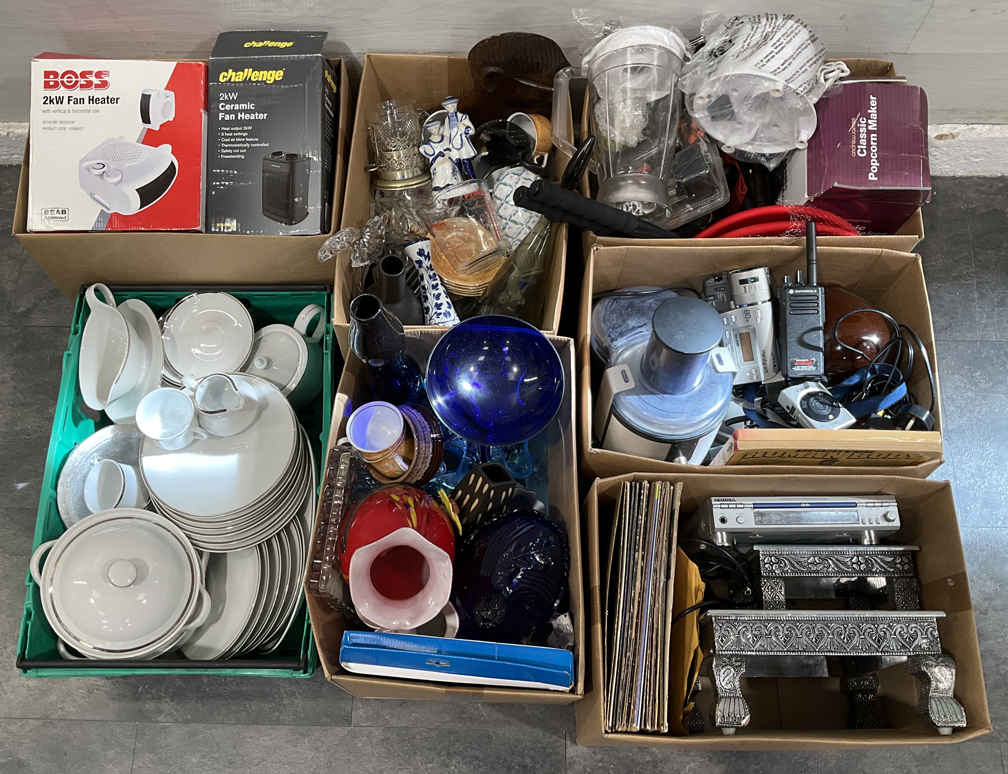 * 6 cartons and a crate containing an assortment of small appliances, electronics, ceramics, and household goods