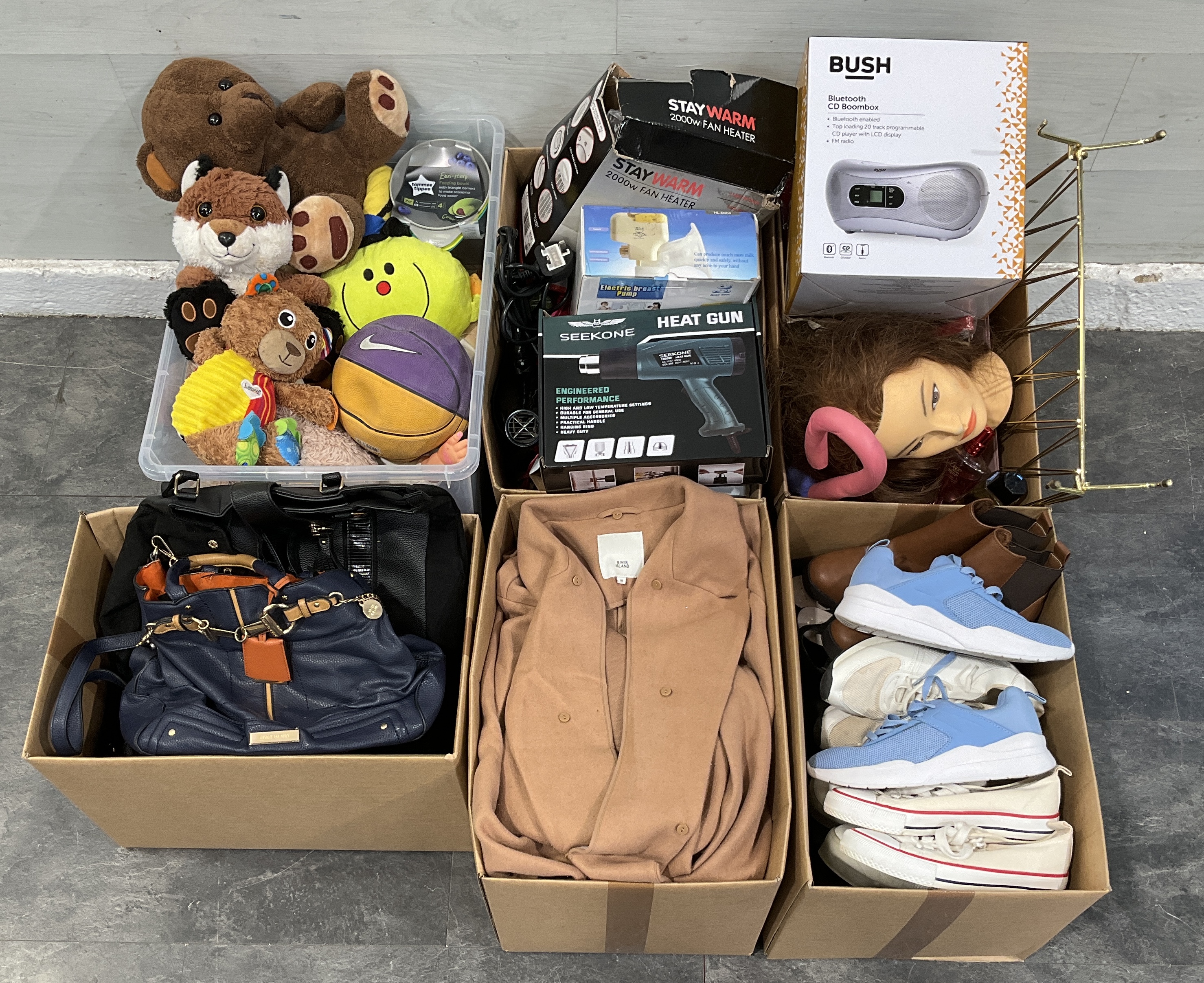 * 5 cartons and a crate containing a variety of small domestic appliances, fashion items, footwear, and toys