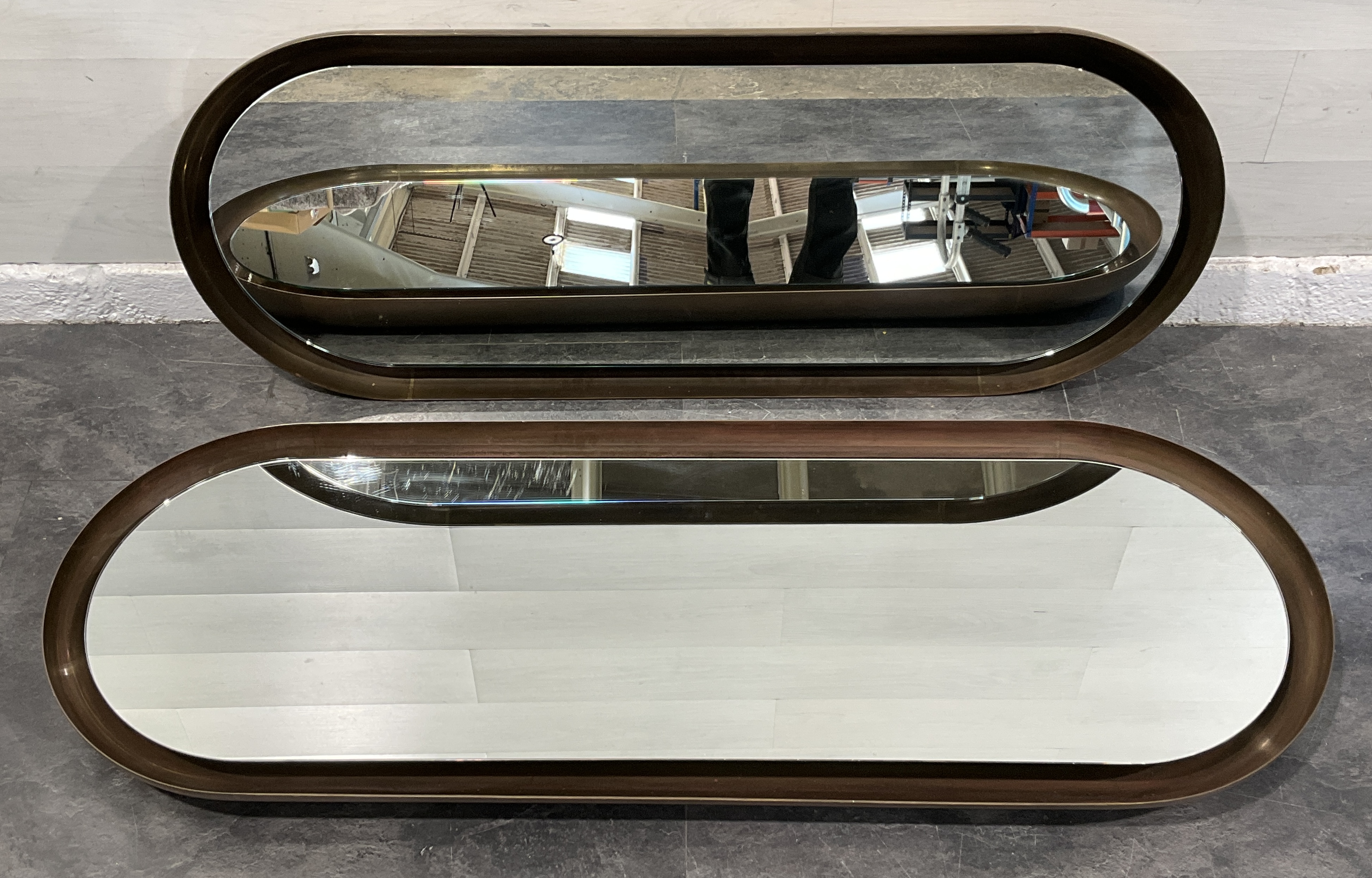 * A Pair of Large Heavy Duty Metal Dimmable LED Illuminated Wall Mirrors in Antiqued Brass Finish