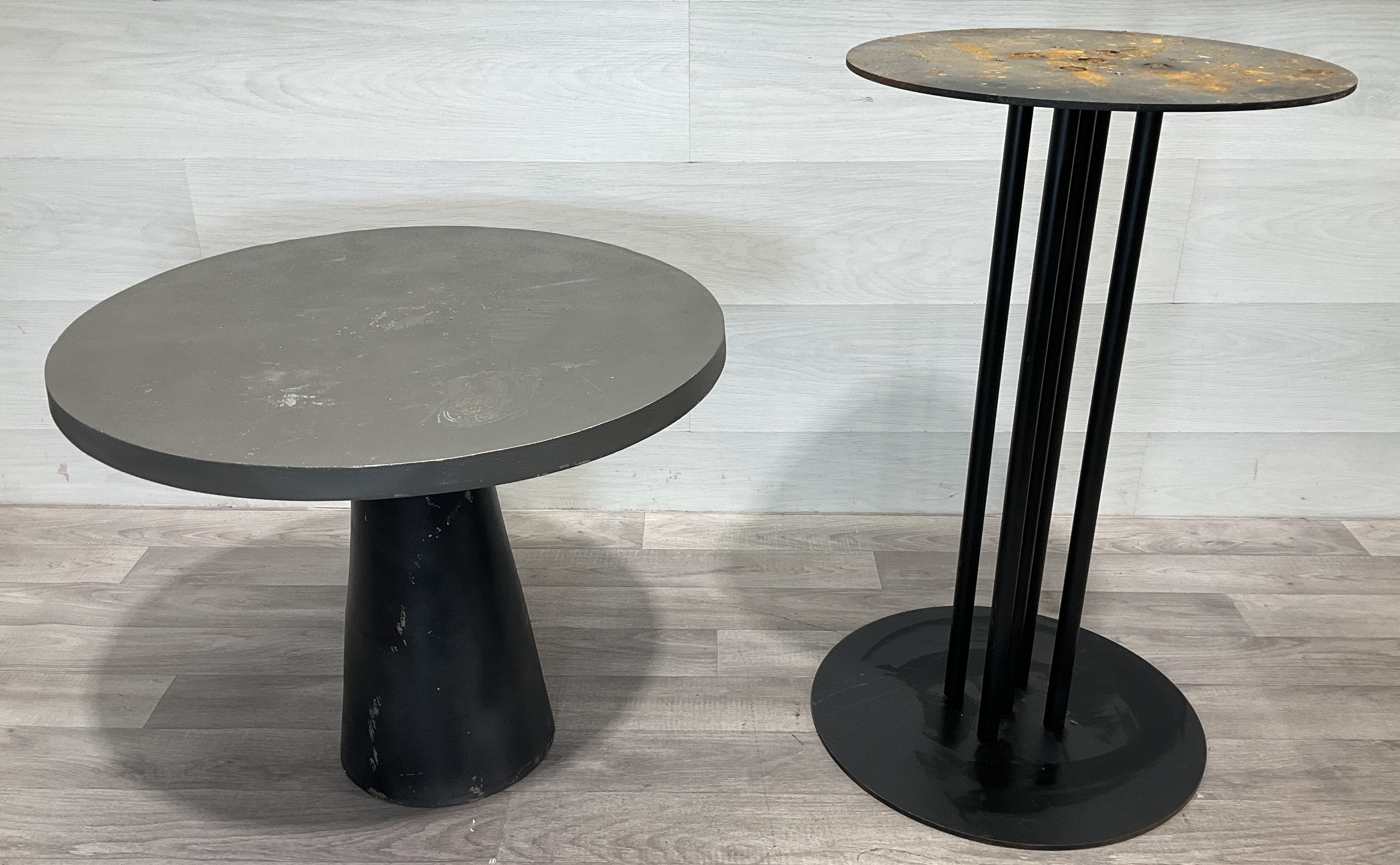 * Two Industrial Metal Pedestal Tables
