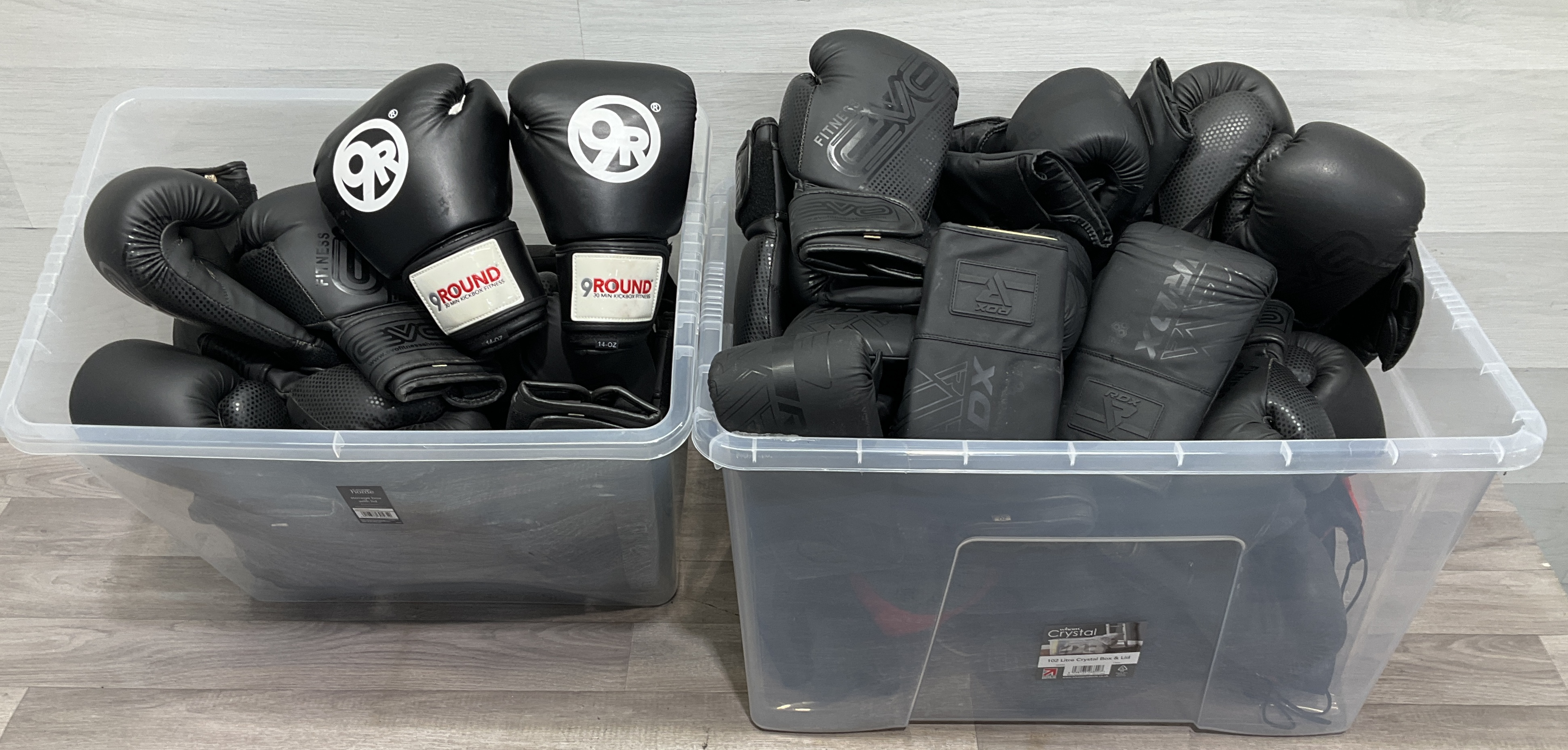 * 2 Crates Containing A Collection of RDX, EVO Fitness, and 9Round Boxing and Kickboxing Training Gloves