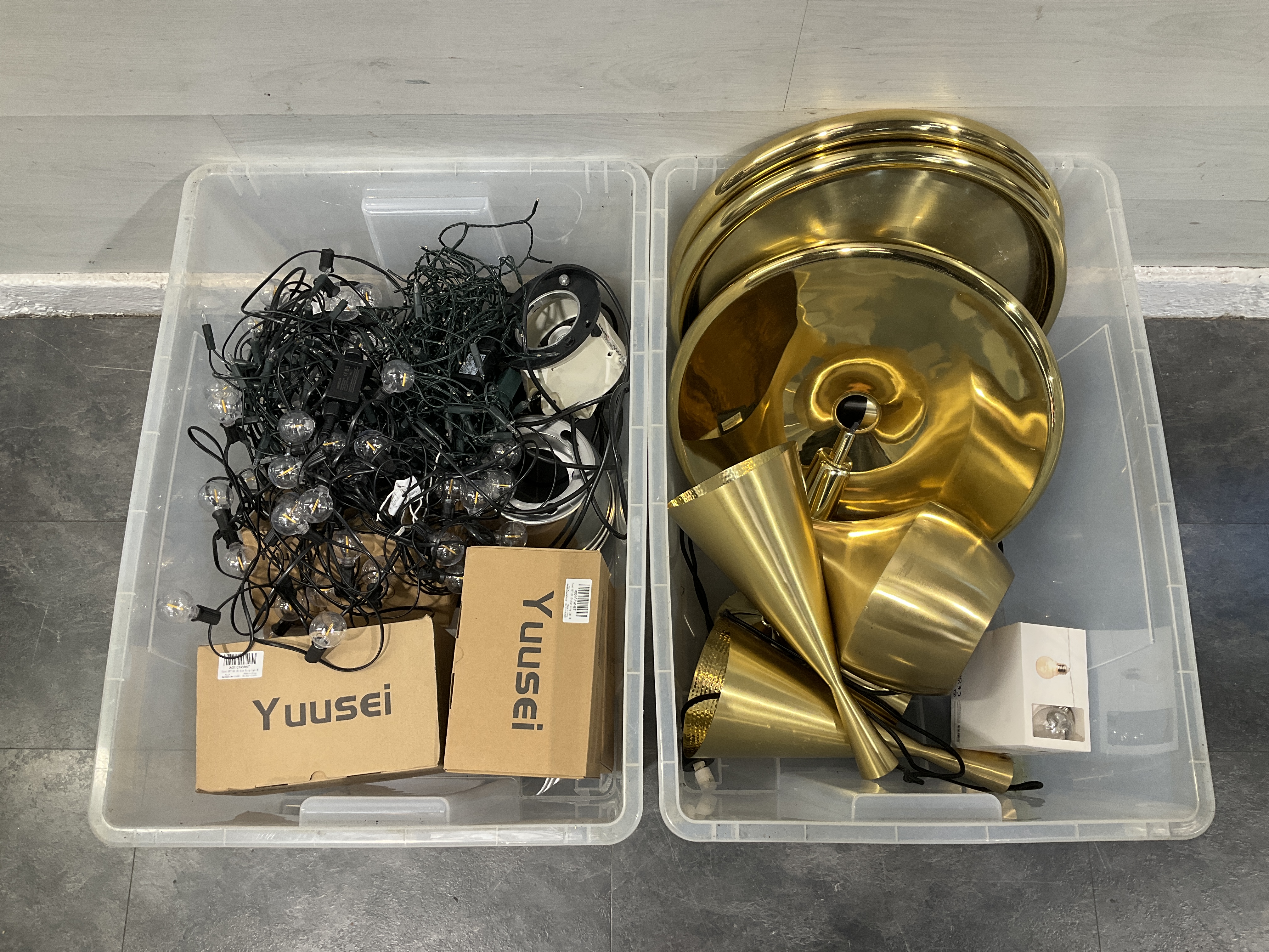* 2 Crates Containing an Assortment of Lighting Equipment to include Yuusei Solar String Lights and Gold-Toned Lamp Components