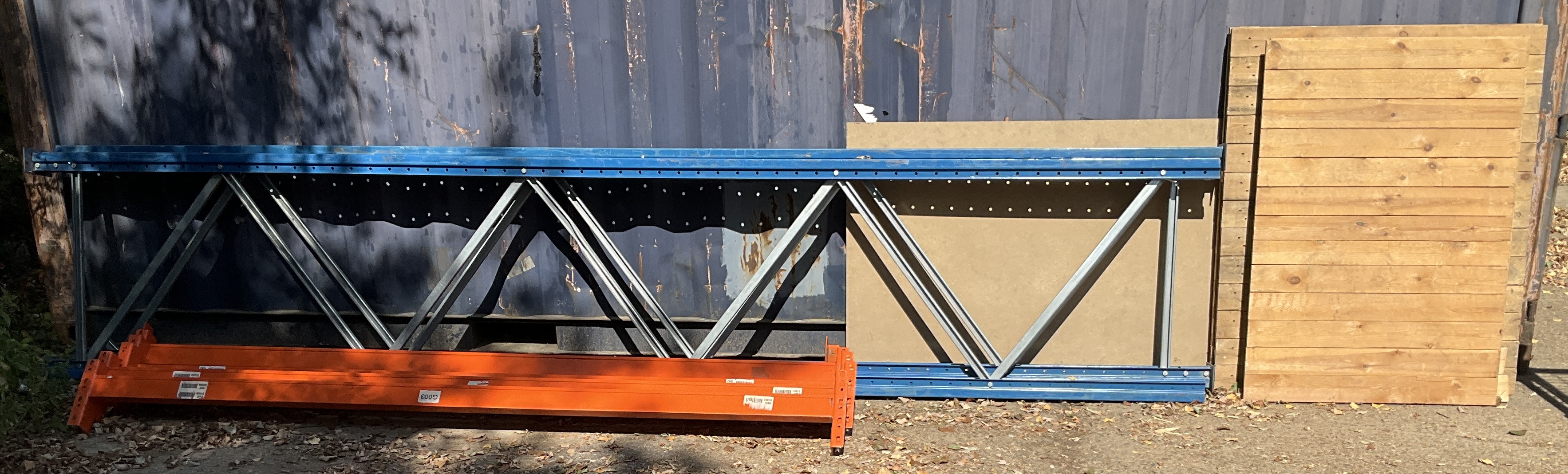 * Assortment of Industrial Pallet Racking Components and Timber Shelving