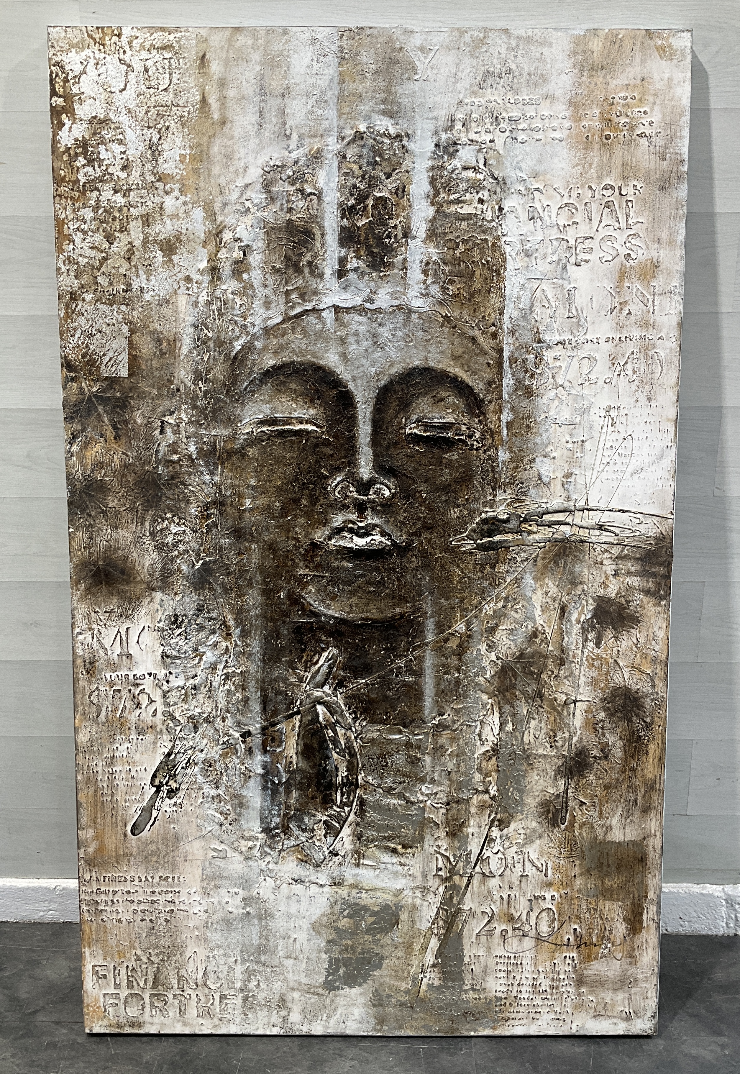 * A Large Contemporary Mixed Media Artwork of a Buddha Face, 200 x 120 cm