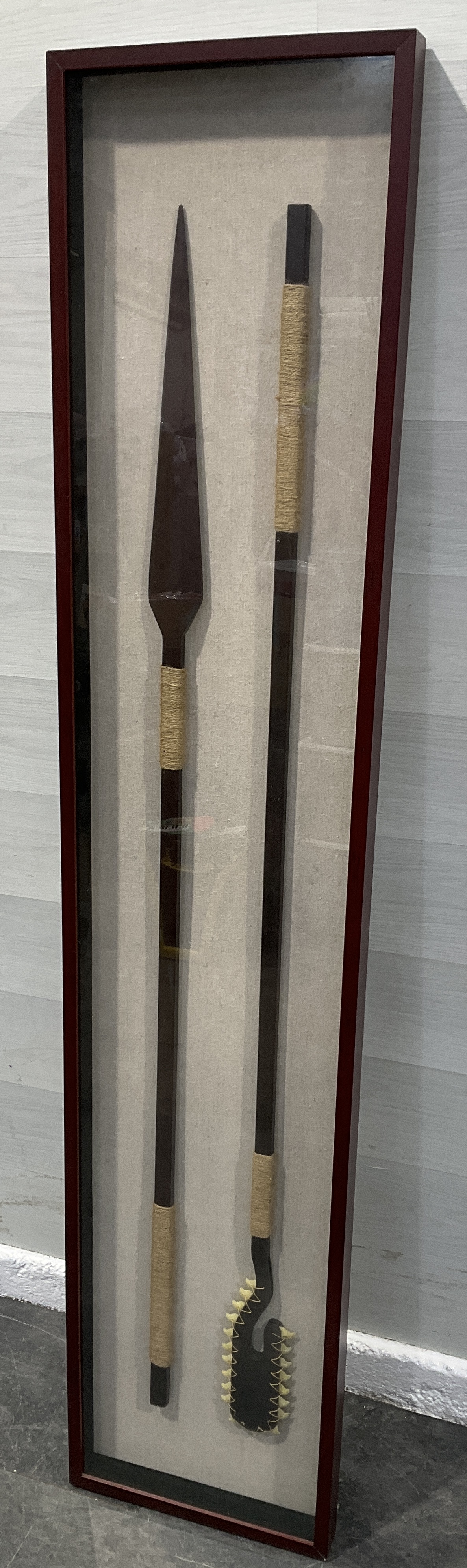 A Pair of Framed Contemporary Polynesian Style Carved Hardwood and Shark Tooth Weapons