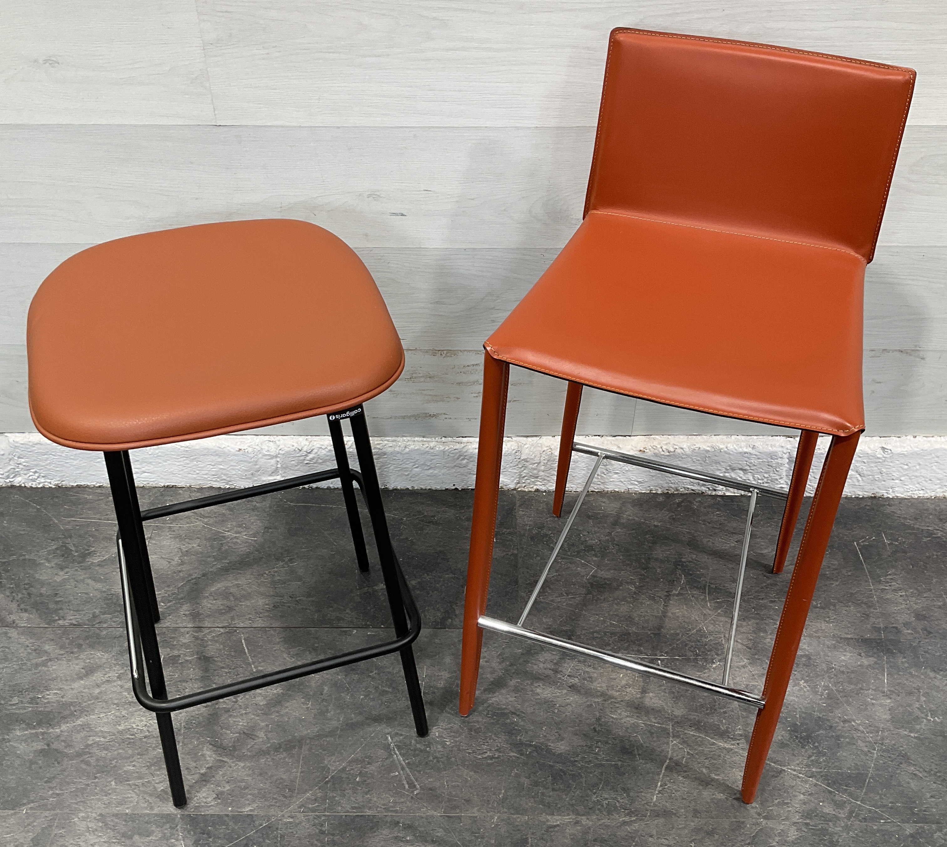 * A Calligaris Contemporary Orange Upholstered Stool & Another Contemporary Stool With Backrest
