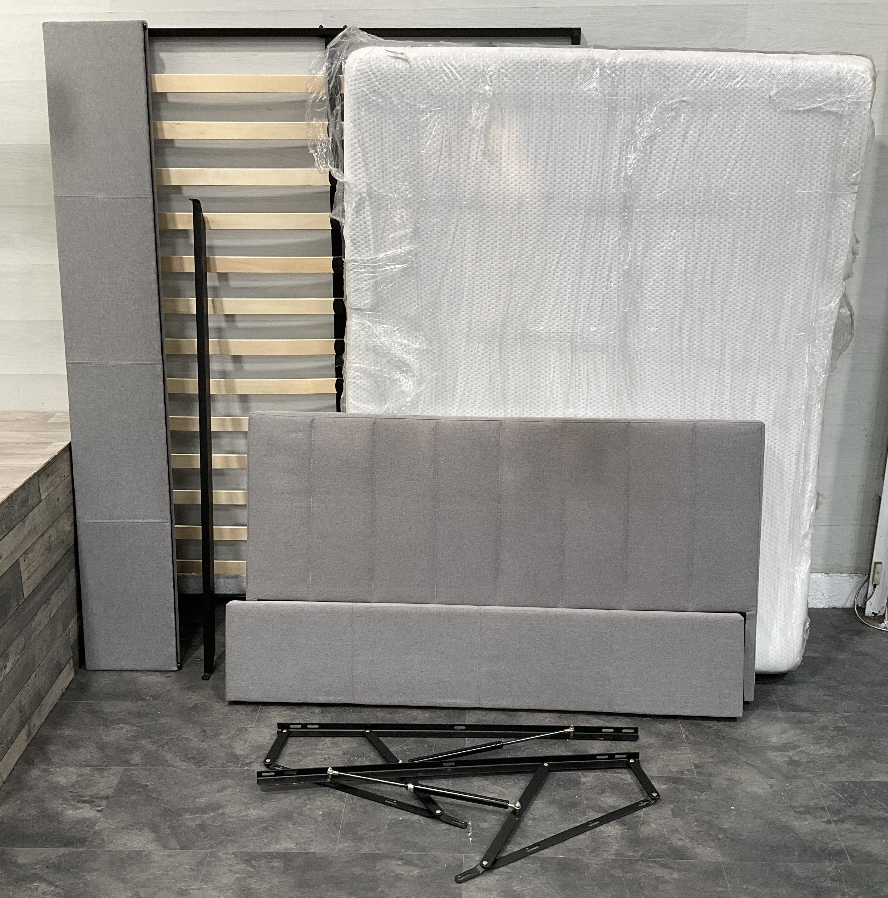 * King Size Grey Upholstered Ottoman Storage Bed and Emma Mattress