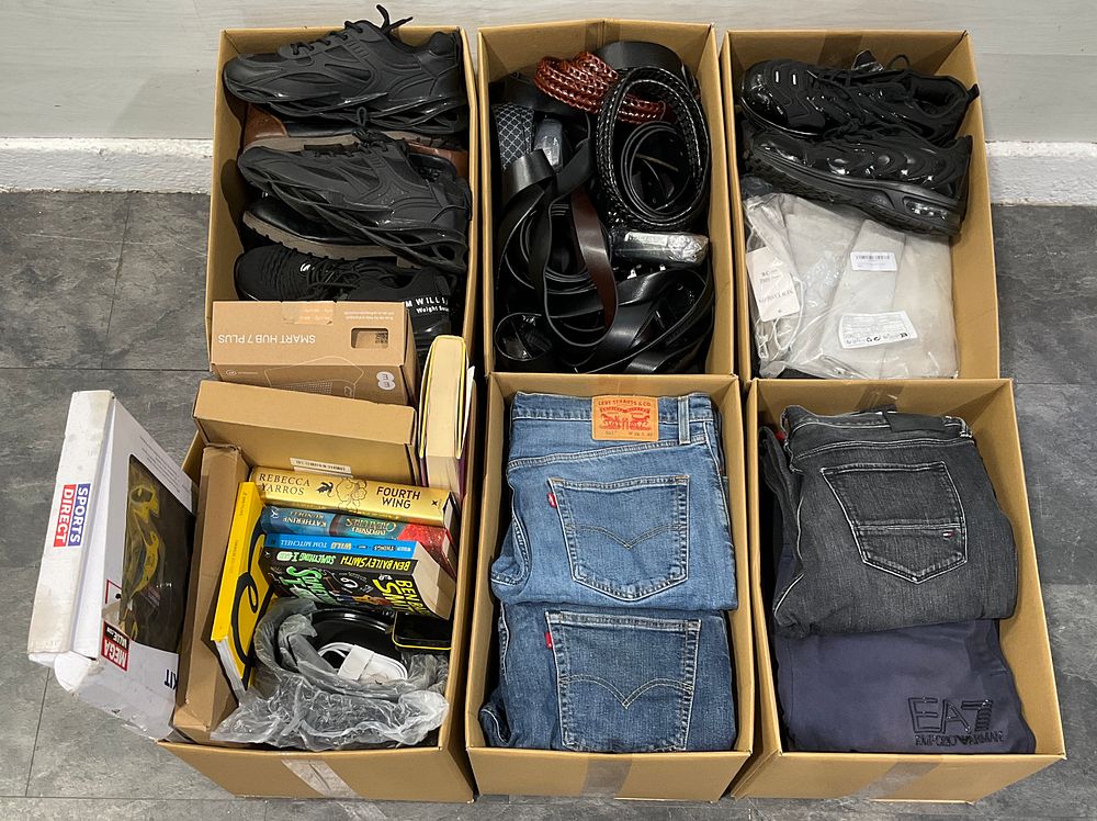 Lot 4: * 6 Cartons Containing Assorted Clothing, Footwear & Household Goods Including EE Smart Hub 7 Plus