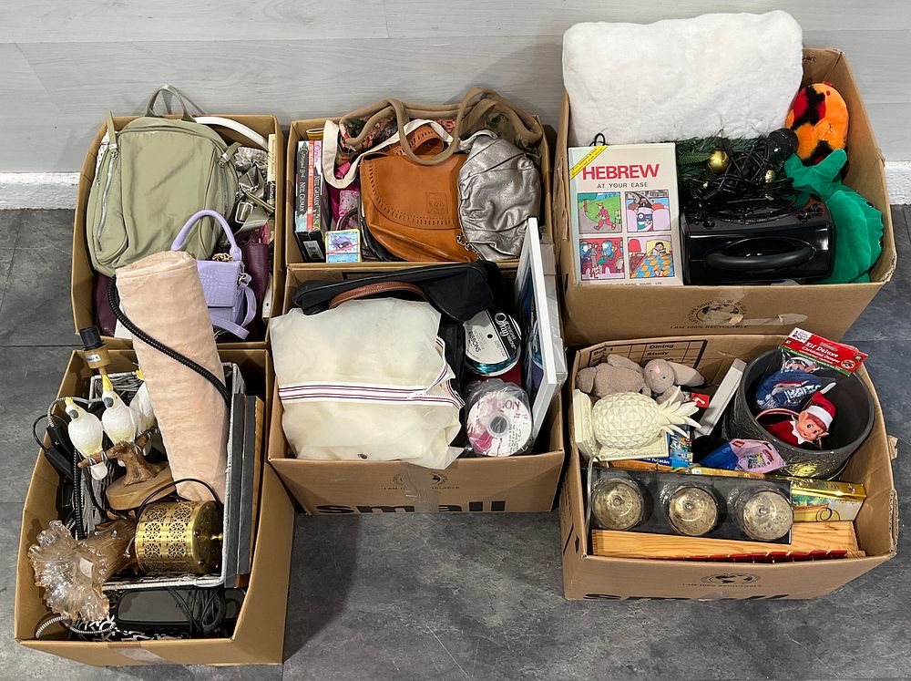 Lot 8: * 6 Cartons Containing An Assortment of Household Goods including Jasper Conran Jeans Handbag and Singing Machine Karaoke Player
