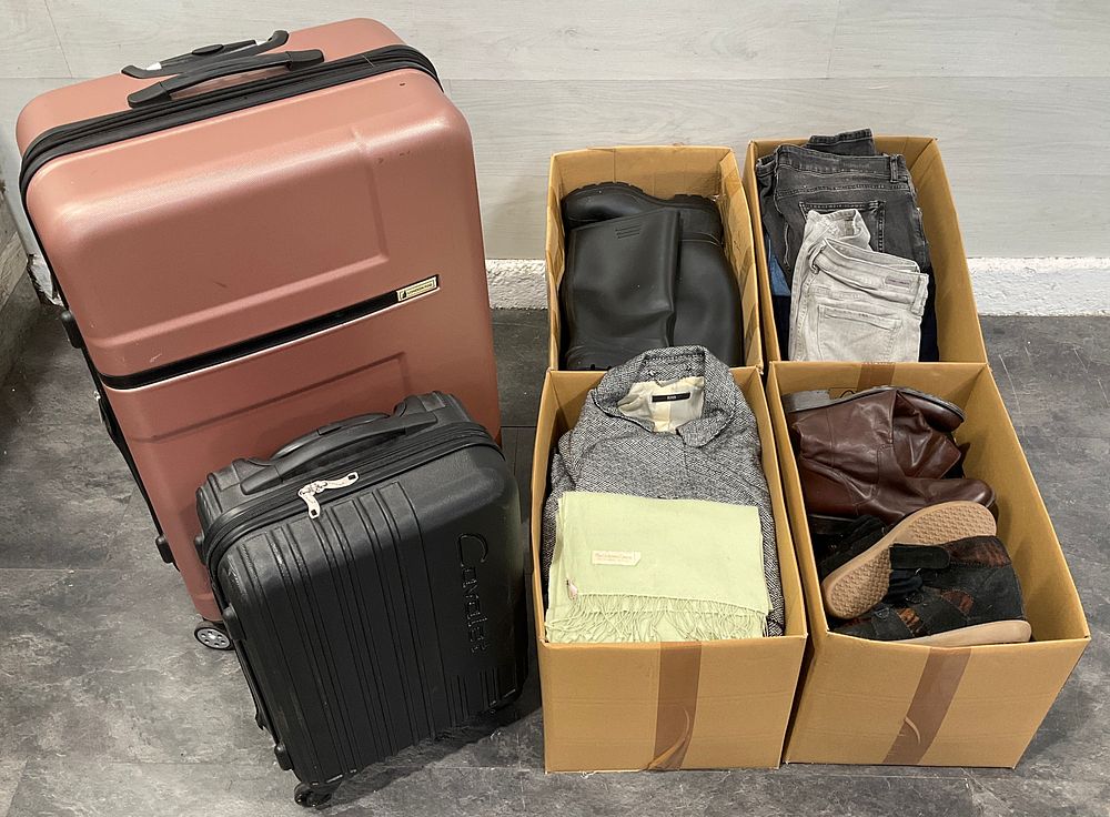 Lot 12: * 2 Hard Shell Suitcases & Four Cartons Containing Assorted Clothing & Footwear