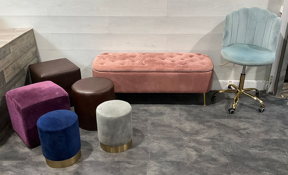 Lot 17: * A Collection of Assorted Velvet and Faux-Leather Accent Furniture including a Scalloped Back Swivel Chair and a Tufted Storage Ottoman