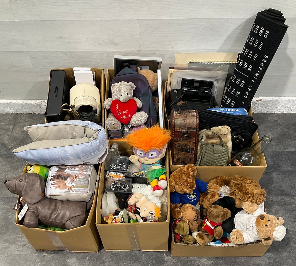 Lot 20: * 7 Cartons Containing Assorted Household Goods, Collectibles & Plush Toys including Bosch Tassimo Coffee Machine and George Foreman Grill