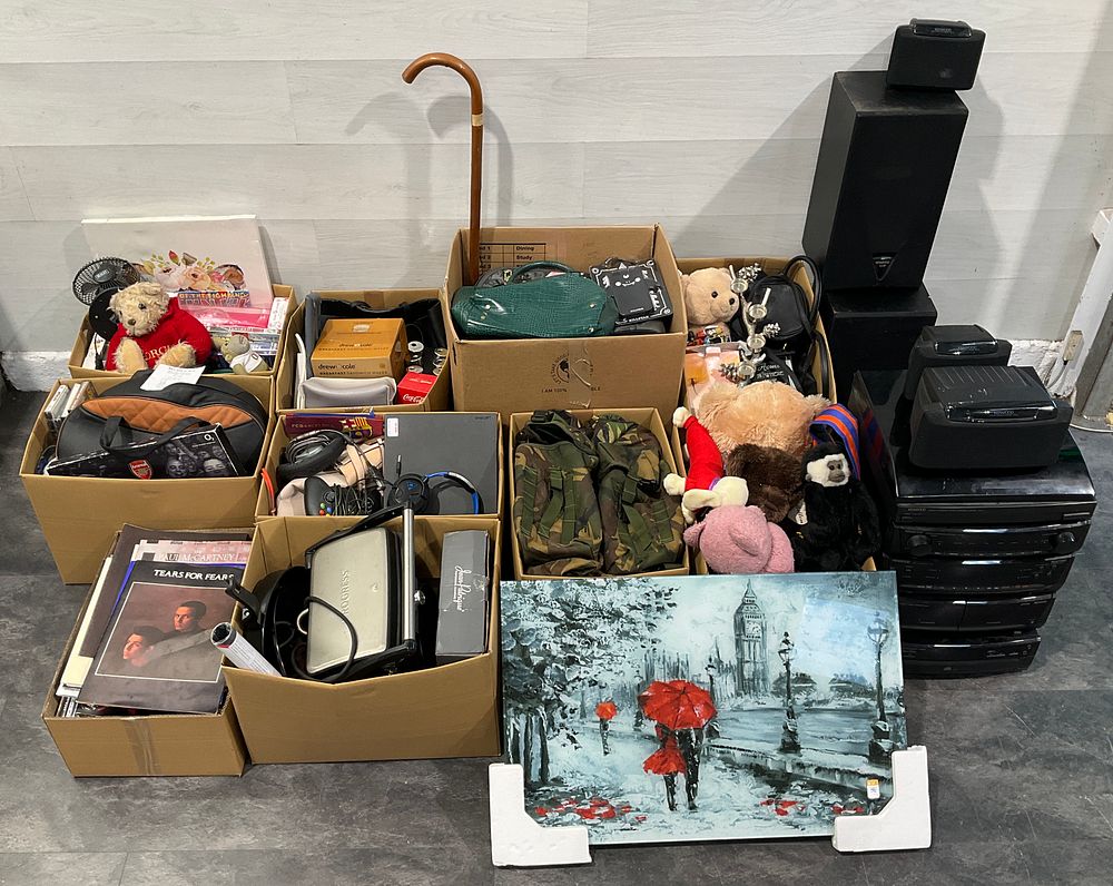 Lot 22: * A Kenwood Hi-Fi System & 10 Cartons Containing Assorted Household Goods, Electronics & Media