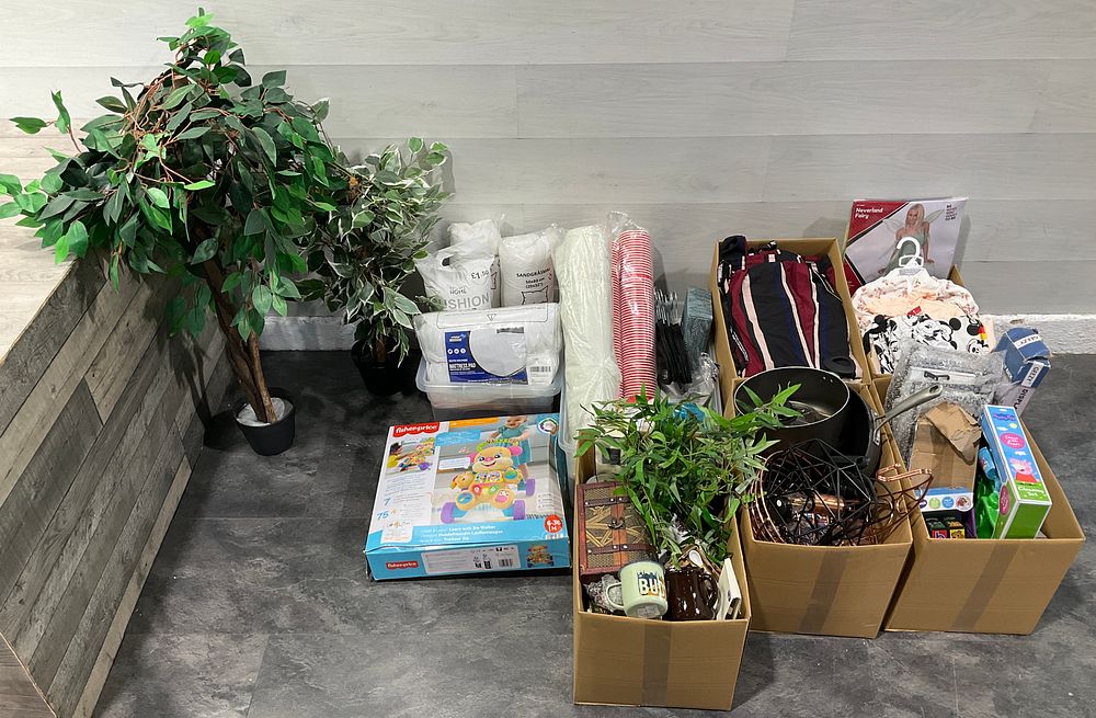 Lot 36: * 2- Artificial Plants, 5 Cartons & 2 Crates Containing An Assortment of Household Goods