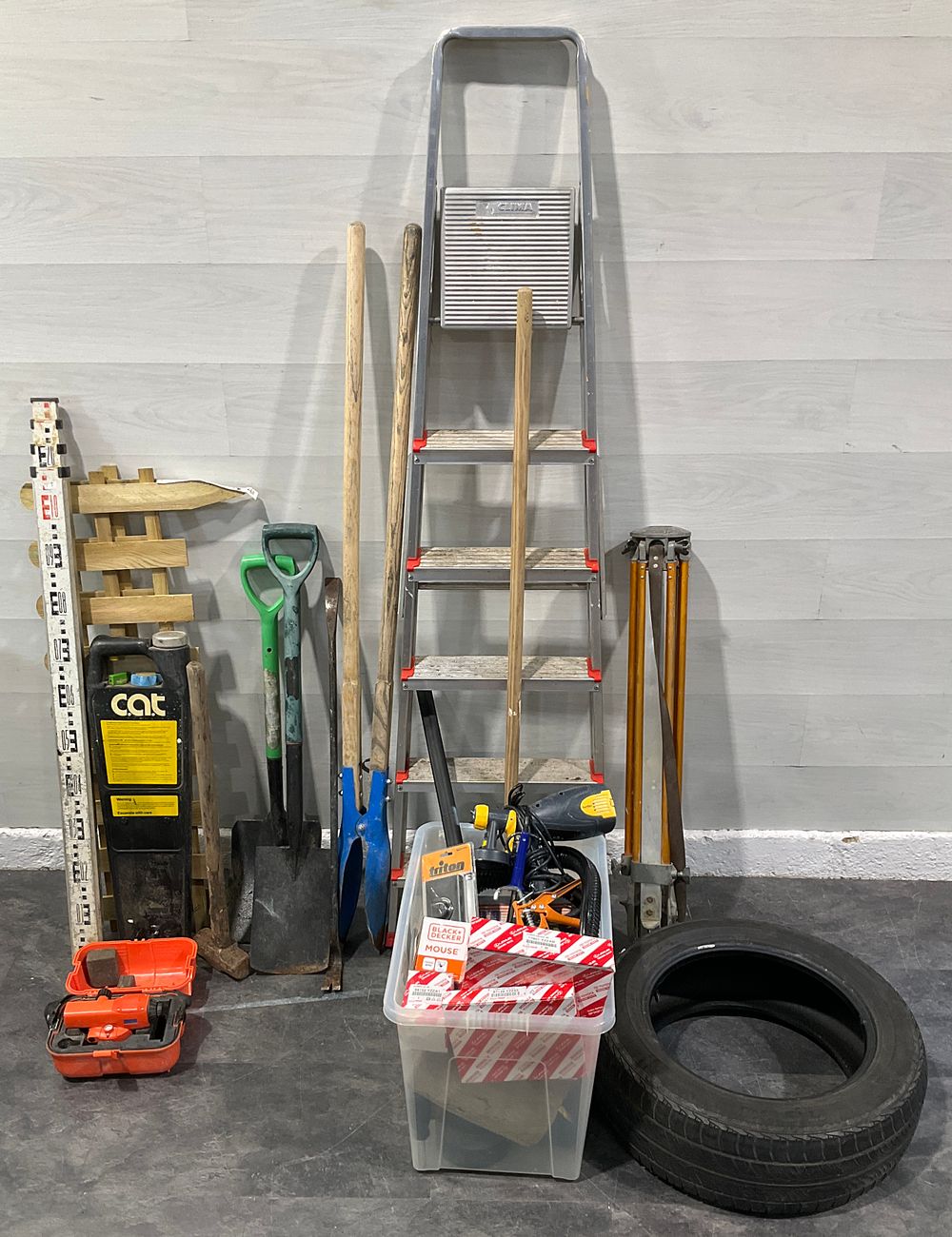 Lot 41: A Collection of Assorted Surveying Equipment, Construction Hand Tools & Automotive Parts including Sokkia C41 Automatic Level
