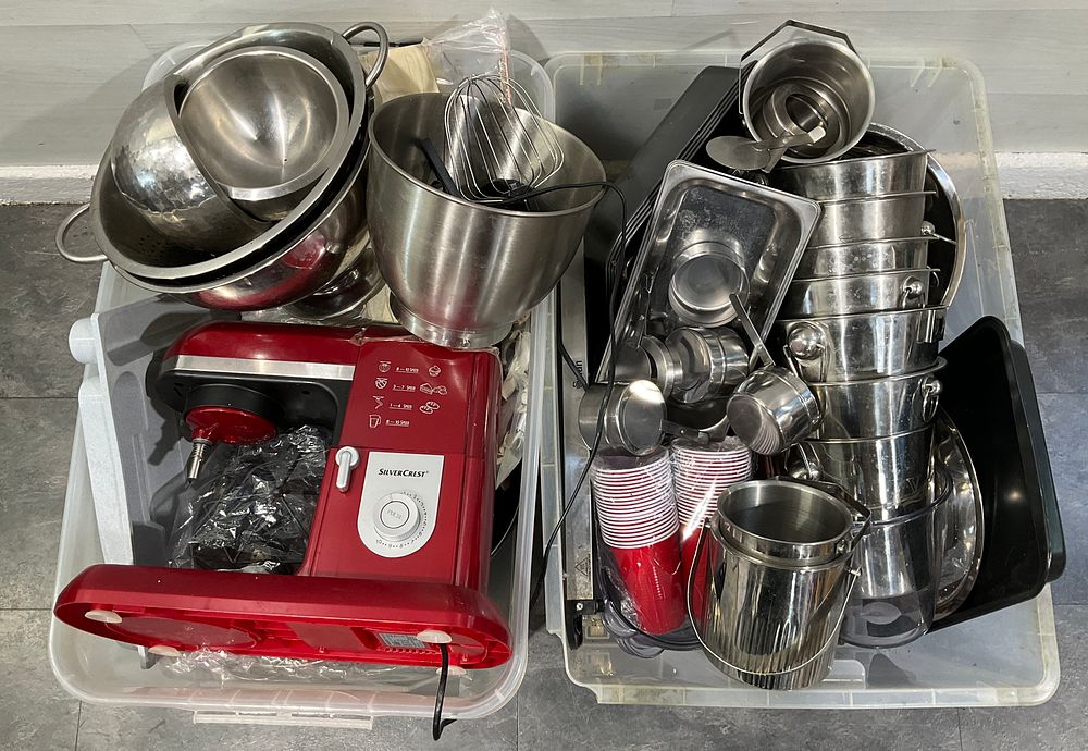 Lot 44: * 2 Crates Containing An Assortment of Kitchenware including Silvercrest SKMP 1300 B3 Stand Mixer