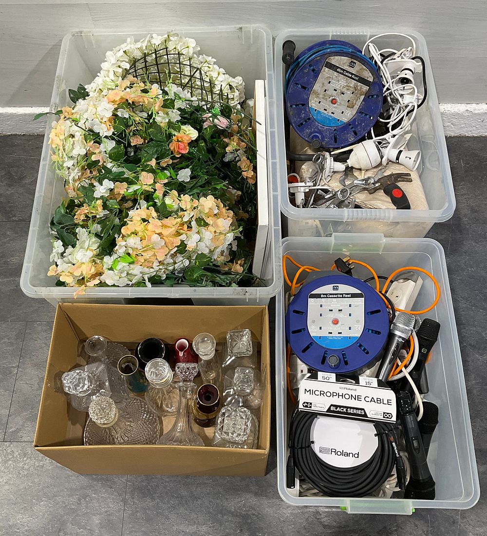 Lot 45: * 3 Crates and a Carton Containing Assorted Household Goods including Roland Microphone Cable and Masterplug Cable Reels