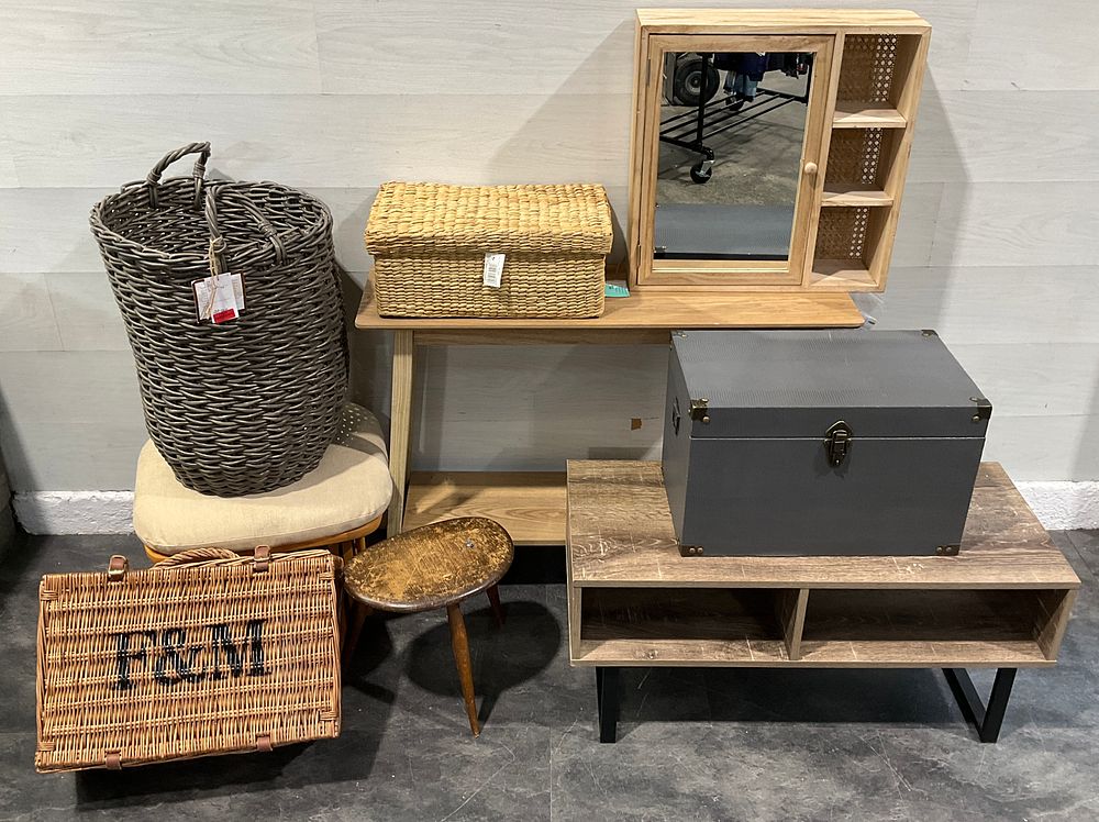 Lot 57: * A Collection of Assorted Home Furniture and Storage Accessories including Fortnum & Mason Wicker Picnic Hamper