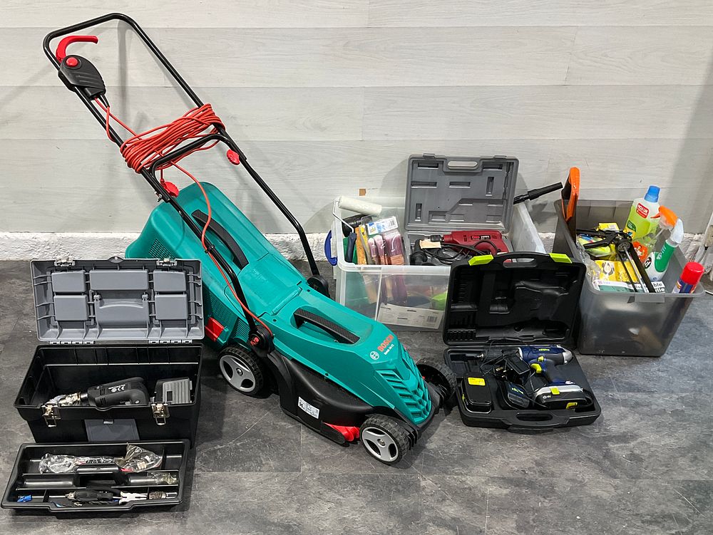 Lot 59: * A Bosch Rotak 34-13 Electric Lawnmower and An Assortment of Power Tools & Maintenance Goods