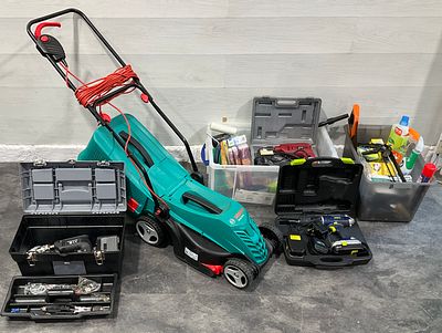 * A Bosch Rotak 34-13 Electric Lawnmower and An Assortment of Power Tools & Maintenance Goods. Th 