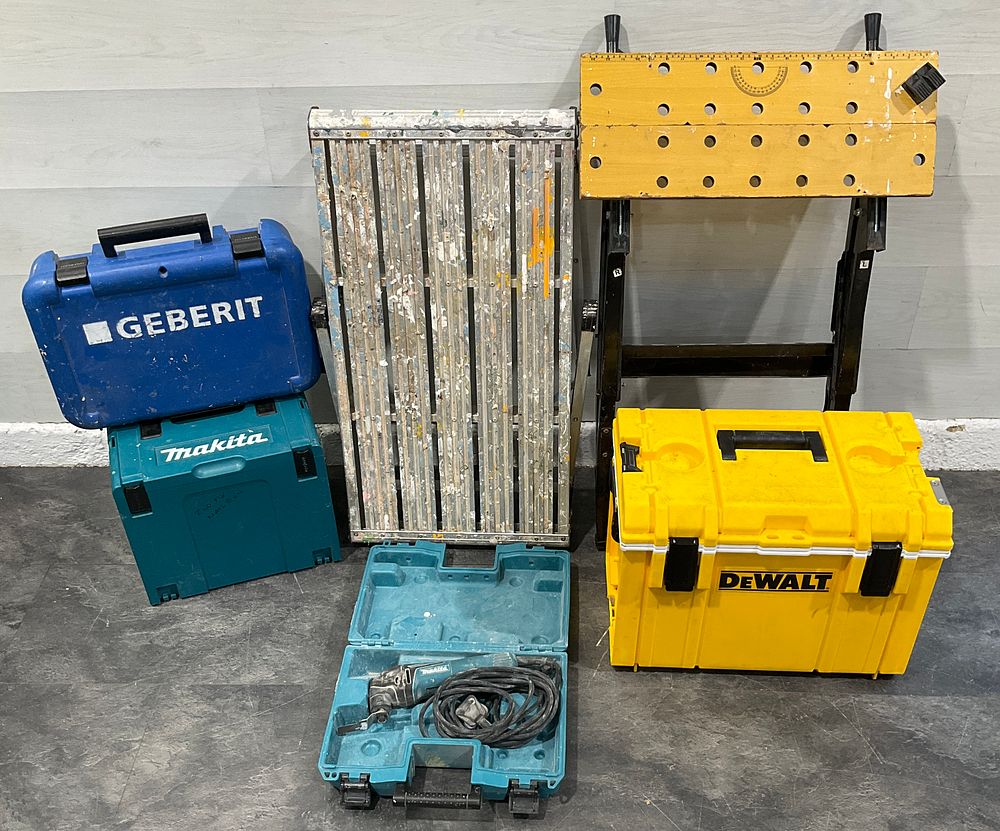 Lot 66: * A Collection of Assorted Site Equipment and Storage Cases including a Makita TM3000C Multi-Tool and a DeWalt ToughSystem Cooler