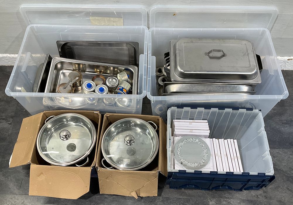 Lot 70: * 3 Crates & 2 Cartons Containing An Assortment of Catering Equipment and Tabletop Accessories including Vinod Chafing Dish Set