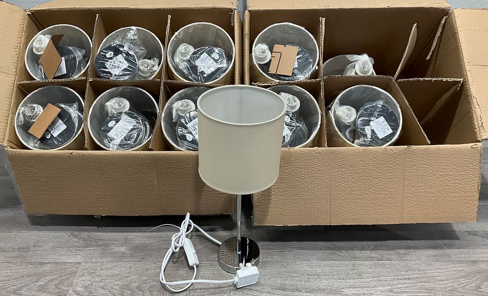 Lot 71: * 2 Cartons Containing Modern Chrome Stick Table Lamps with Cream Drum Shades