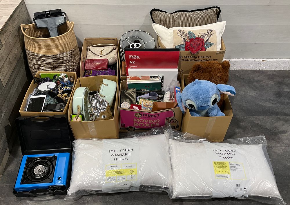 Lot 94: * 7 Cartons & A Woven Basket Containing An Assortment of Household Goods including Sony PSP and Handbags