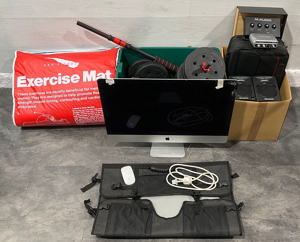Lot 104: * A Carton and Crate Containing An Assortment of Computing, Audio & Home Fitness Equipment