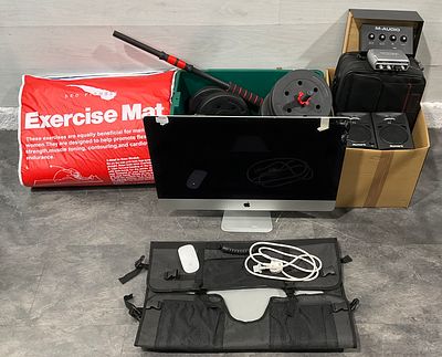 * A Carton and Crate Containing An Assortment of Computing, Audio & Home Fitness Equipment. A 