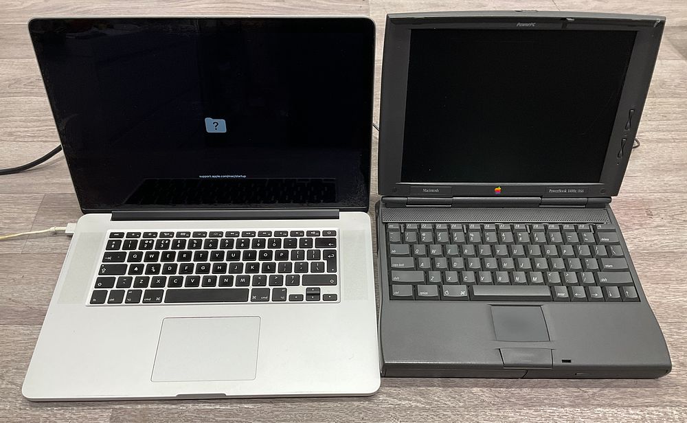 Lot 105: * Two Apple Macintosh Laptops including MacBook Pro A1398 and PowerBook 1400c/166, no HDD's