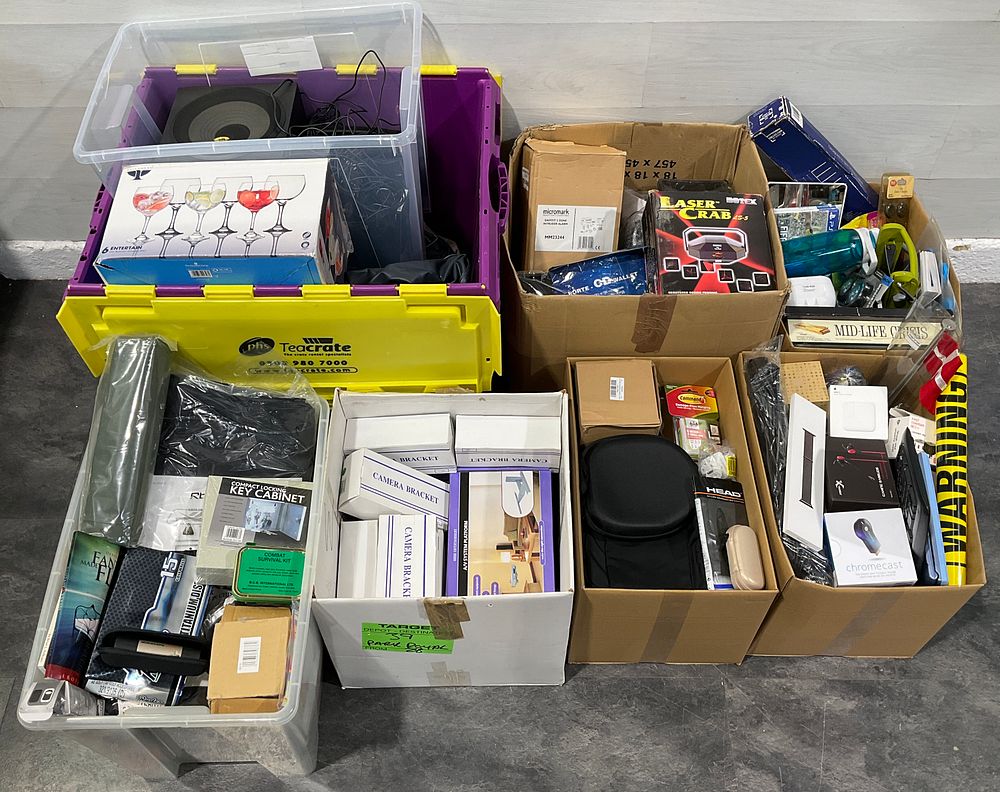 Lot 122: * 4 Cartons & 2 Crates Containing An Assortment of Household Goods including Ravenhead Gin Balloon Glasses & Micromark Intruder Alarm