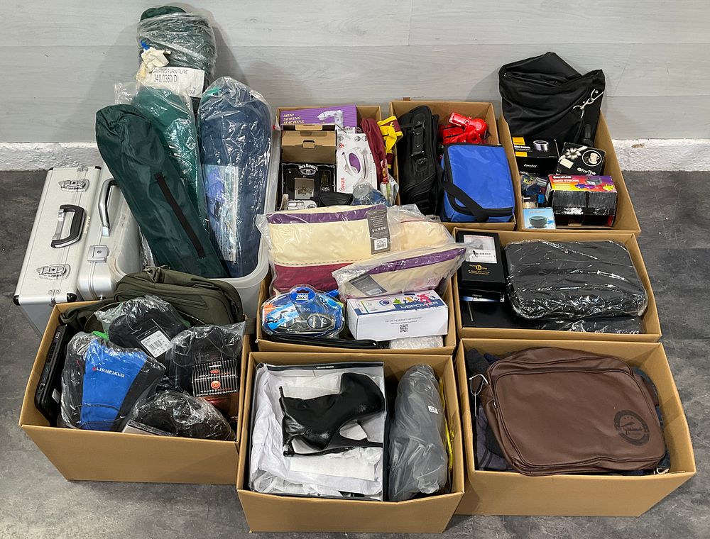 Lot 124: * 8 Cartons and a Crate Containing An Assortment of Household Goods including EasyAcc Mini-Cannon Speaker and Zoggs Goggles