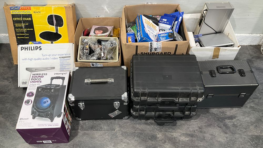 Lot 127: * 3 Cartons Containing An Assortment of Household Goods including Intempo Tailgate LED Speaker and Philips DVD Player
