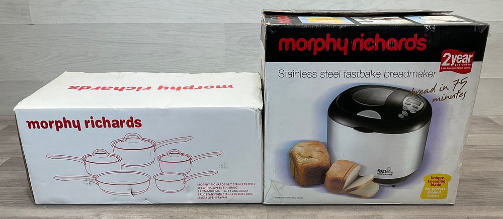 Lot 144: * An Assortment of Morphy Richards Household Goods including a Fastbake Breadmaker and a 5-Piece Stainless Steel Pan Set