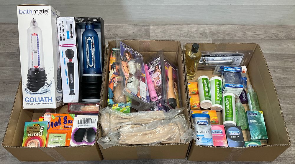 Lot 148: * 3 Cartons Containing An Assortment of Adult Novelties and Personal Care Goods including Bathmate Goliath Hydropump