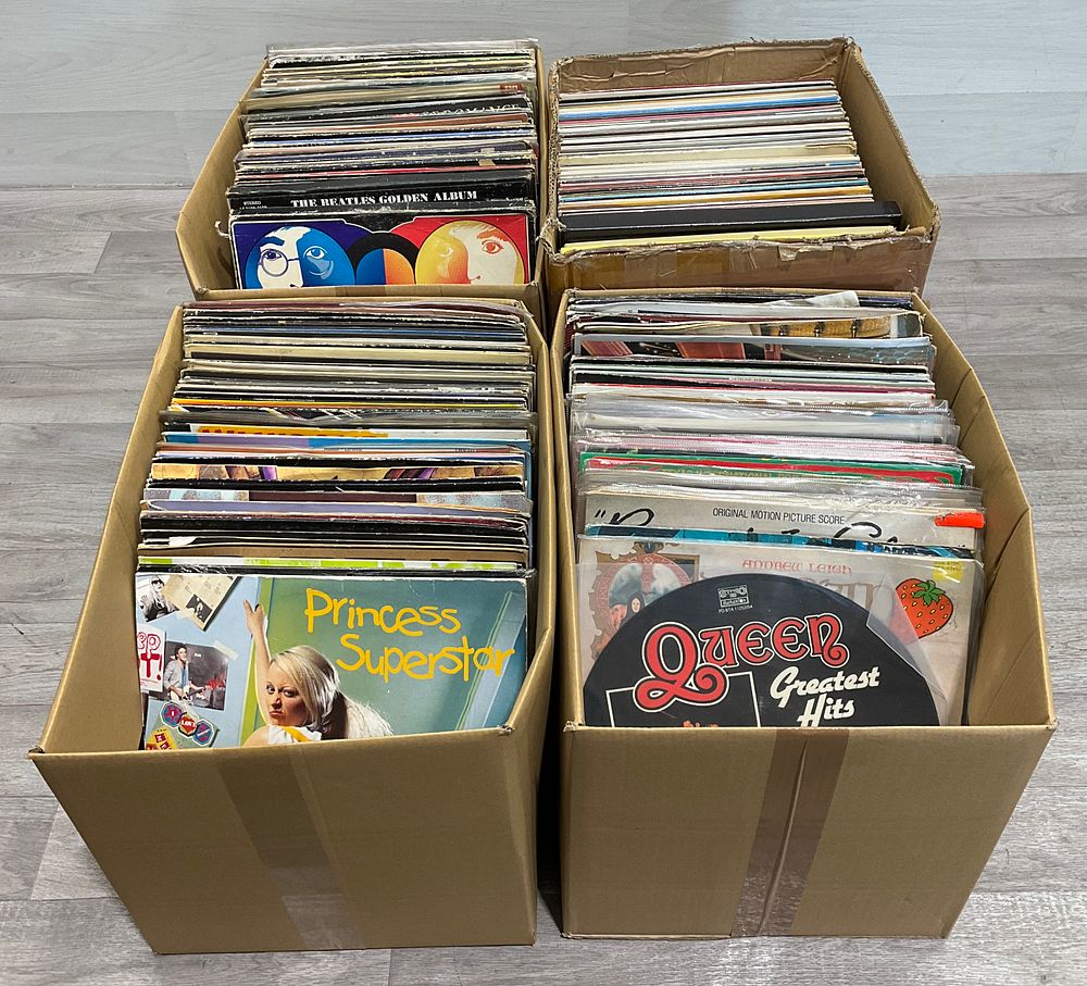 Lot 157: * 4 Cartons Containing A Collection of Assorted Vinyl LPs and 12 Inch Singles including The Beatles and Queen